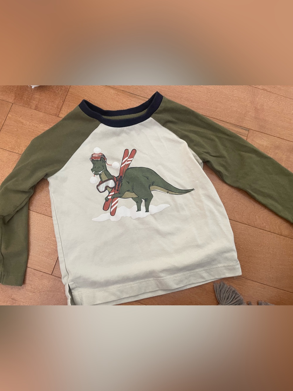 Boys Olive & Cream Raglan Long-Sleeve Shirt with Skiing Dino Graphic